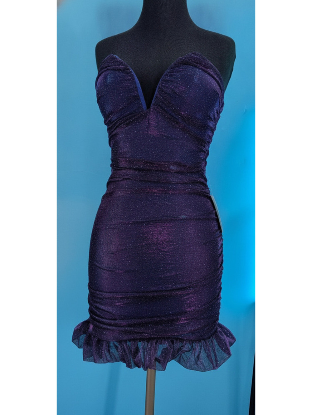 B Darlin $79 Purple metallic ruched strapless mini dress NWT Size 5/6
